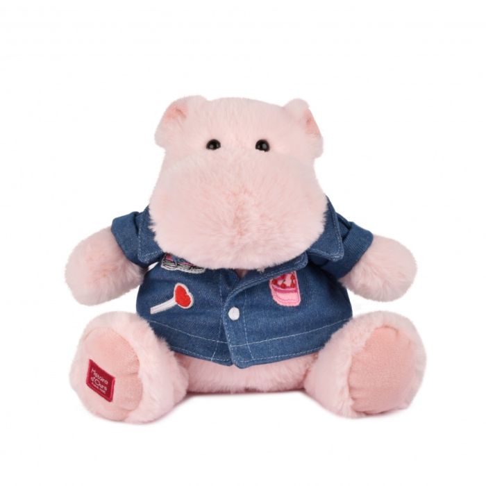Doudou et Compagnie Hippo Plush Toy, Light Pink with Denim Jacket - 20 cm