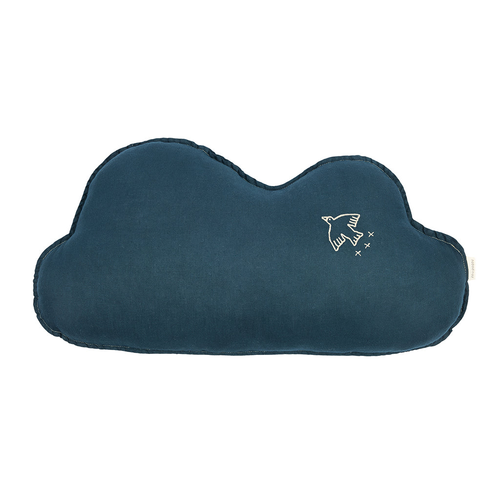 Nobodinoz Sky Cushion, Washed French Linen, Bird Embroidery - Deep Blue