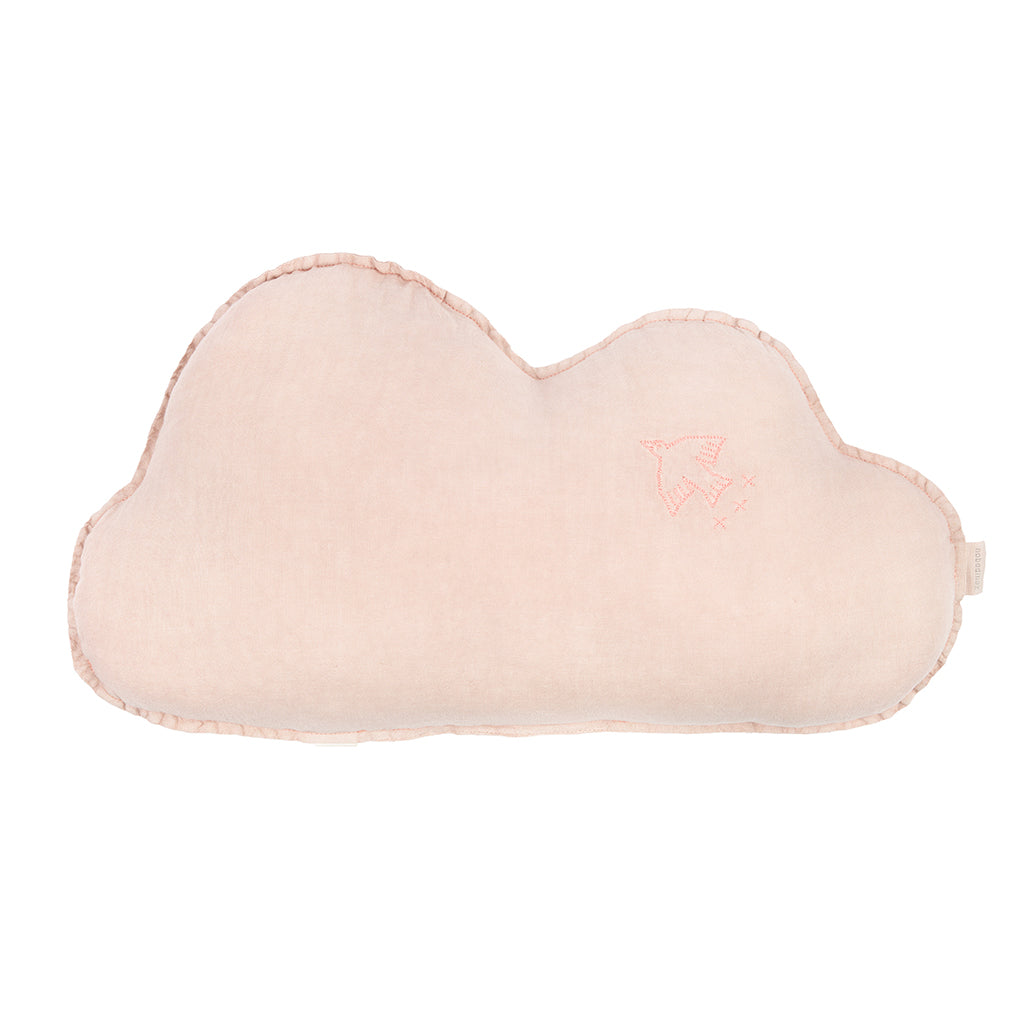 Nobodinoz Sky Pillow, Washed French Linen, Bird Embroidery - Mauve Pink