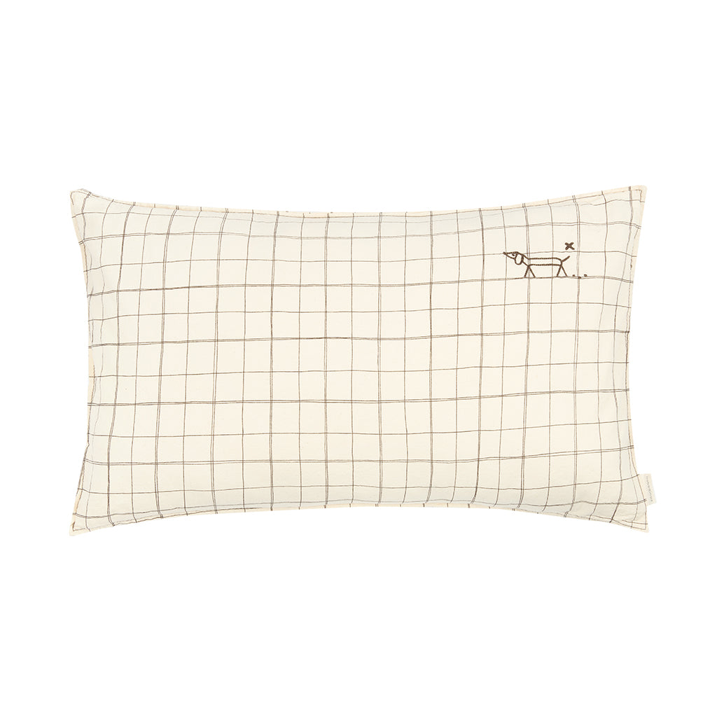 Nobodinoz Embroidered Pillow, 50 x 30 cm, Washed French Linen - Natural Grid