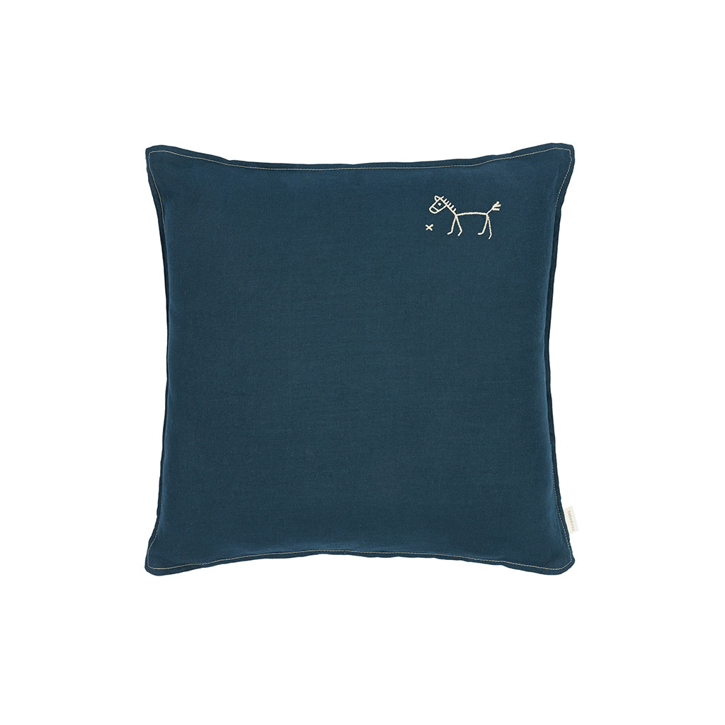 Nobodinoz Embroidered Cushion, 45 x 45 cm, Washed French Linen – Deep Blue