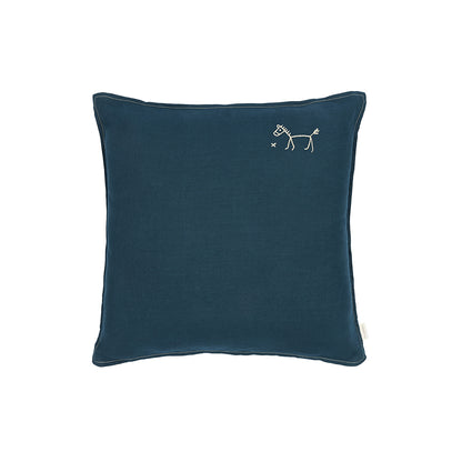 Nobodinoz Embroidered Cushion, 45 x 45 cm, Washed French Linen – Deep Blue