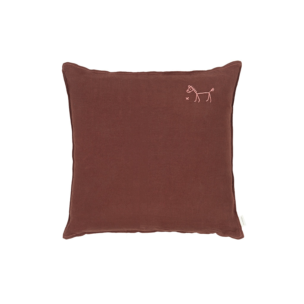 Nobodinoz Embroidered Pillow, 45 x 45 cm, Washed French Linen – Prune