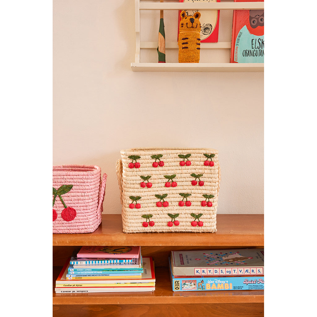 Natural Rice Basket with Small Cherry Embroideries