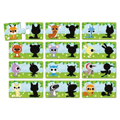 Janod Puzzle, Animals and Their Shadows, Set of 12 Puzzles with 2 Pieces Each