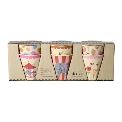 Rice Melamine Cups, Fun Fair Print, Set of 6, Small - Pink