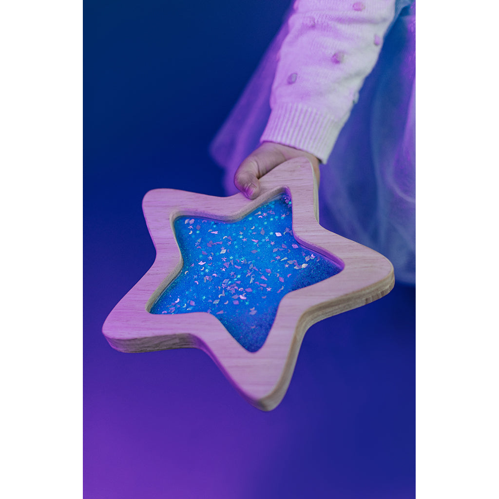Petit Boum sensory toy, wooden star with liquid and glitter – Blue Orionis
