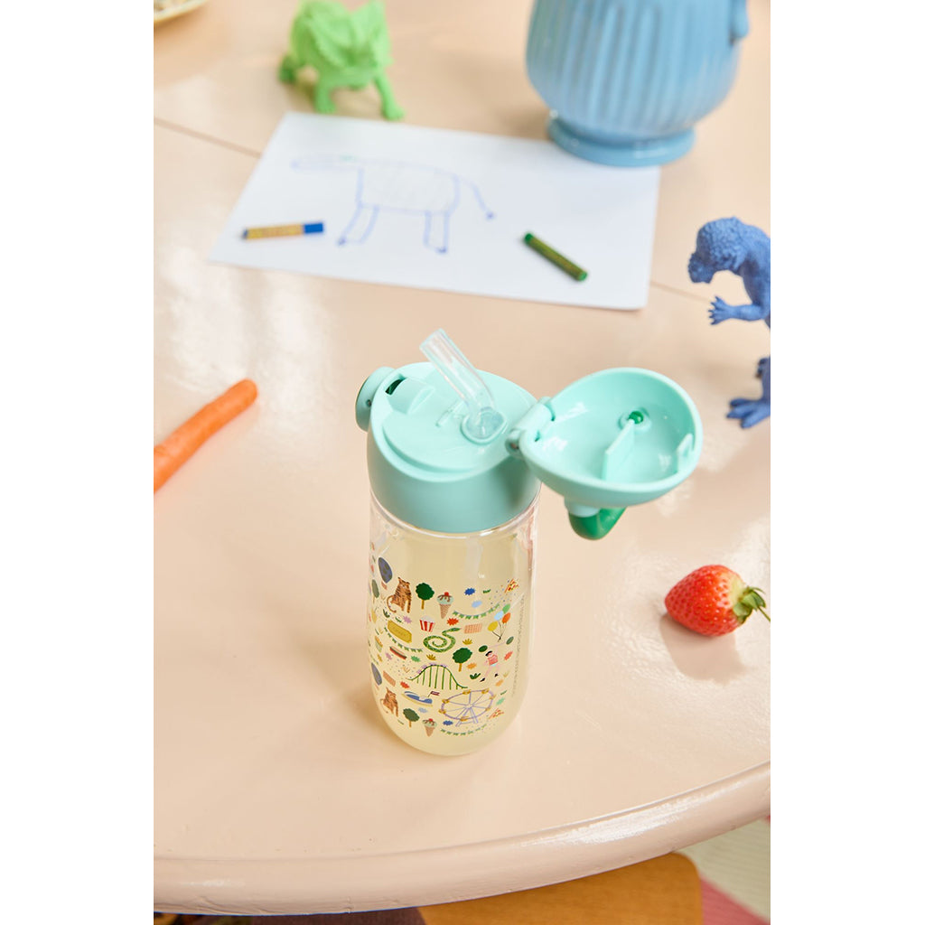 Rice Plastic Water Bottle, Blue Fun Fair Print