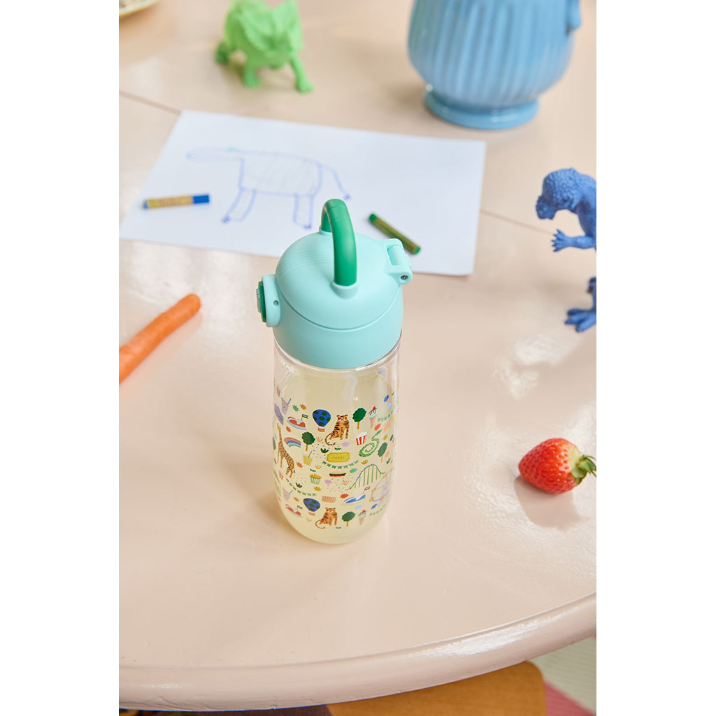 Rice Plastic Water Bottle, Blue Fun Fair Print