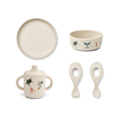 Liewood Ryle Printed Silicone Baby Dinnerware Set, 5 Pieces – Sea Creature/Sandy