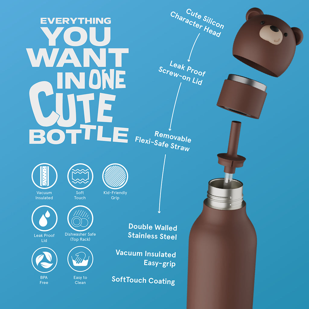 Asobu Bestie Animal Thermo Water Bottle, 460 ml - Brown Bear
