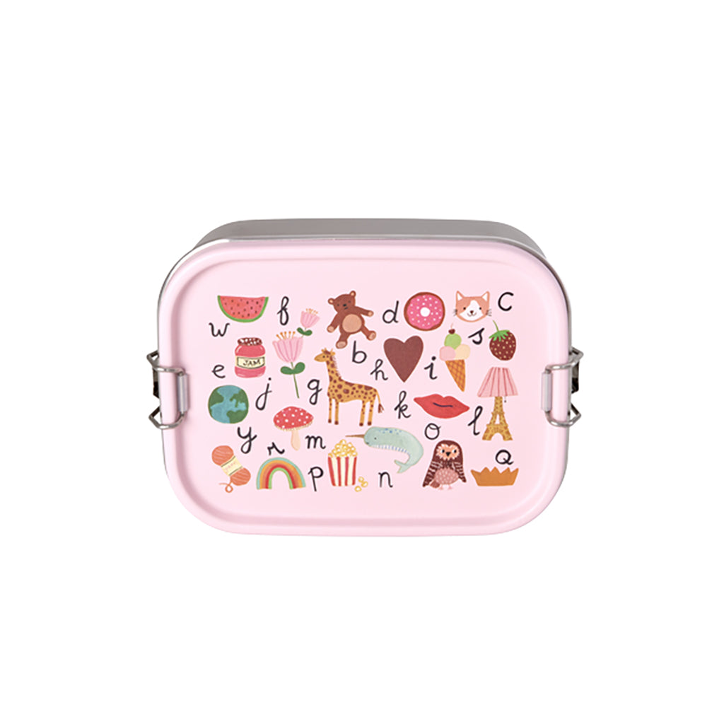 Rice Lunch Box in Stainless Steel with Divider, Small, ABC Print - Pink
