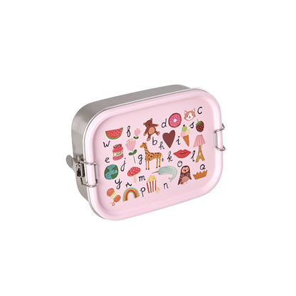 Rice Lunch Box in Stainless Steel with Divider, Small, ABC Print - Pink