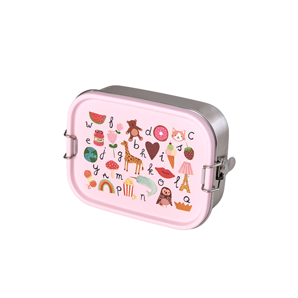 Rice Lunch Box in Stainless Steel with Divider, Small, ABC Print - Pink