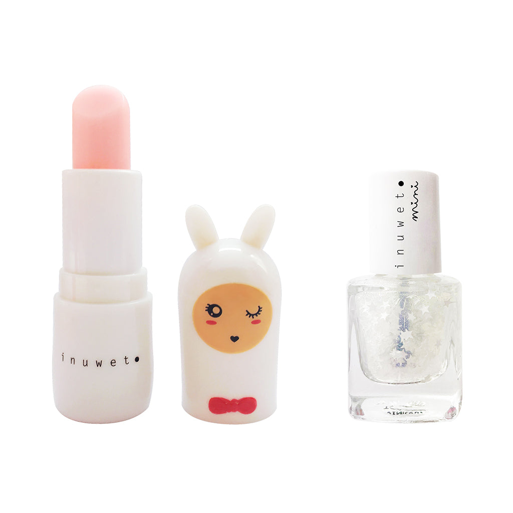 Inuwet Duo Aqua Set, Lip Balm and Top Coat Stars Nail Polish for Kids, White Candy