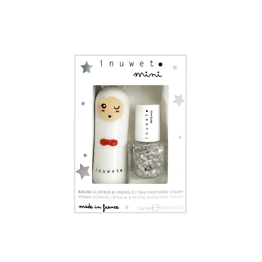 Inuwet Duo Aqua Set, Lip Balm and Top Coat Stars Nail Polish for Kids, White Candy
