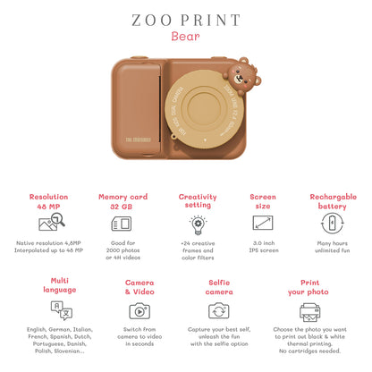 The ZooFamily, Zoo Print, 3-in-1 Camera with Print Function, Ages 5-11 - Bear