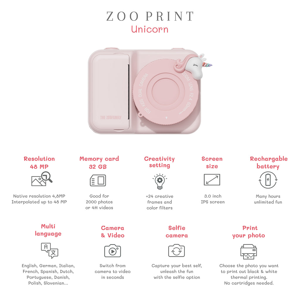 ZooFamily, Zoo Print, 3-in-1 Camera with Instant Print, Ages 5–11 – Unicorn