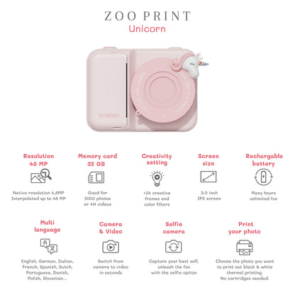 ZooFamily, Zoo Print, 3-in-1 Camera with Instant Print, Ages 5–11 – Unicorn