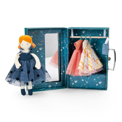 Moulin Roty Cloth Doll with Wardrobe Suitcase and Evening Dresses - Les Parisiennes