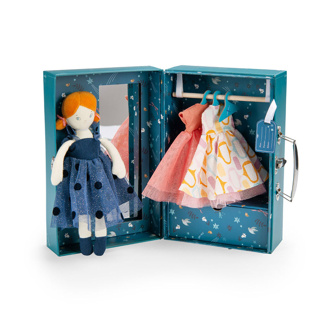 Moulin Roty Cloth Doll with Wardrobe Suitcase and Evening Dresses - Les Parisiennes