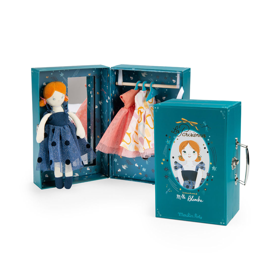 Moulin Roty Cloth Doll with Wardrobe Suitcase and Evening Dresses - Les Parisiennes