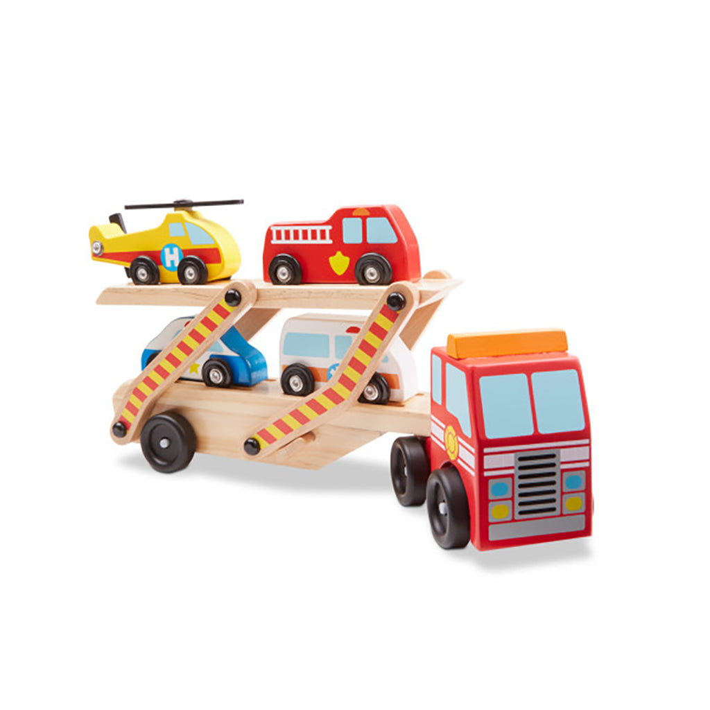 Melissa &amp; Doug Wooden Toy Cars, Rescue Vehicle Transporter