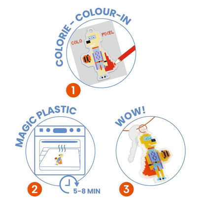 Djeco DIY, Shrink Plastic - Pixel Superheroes