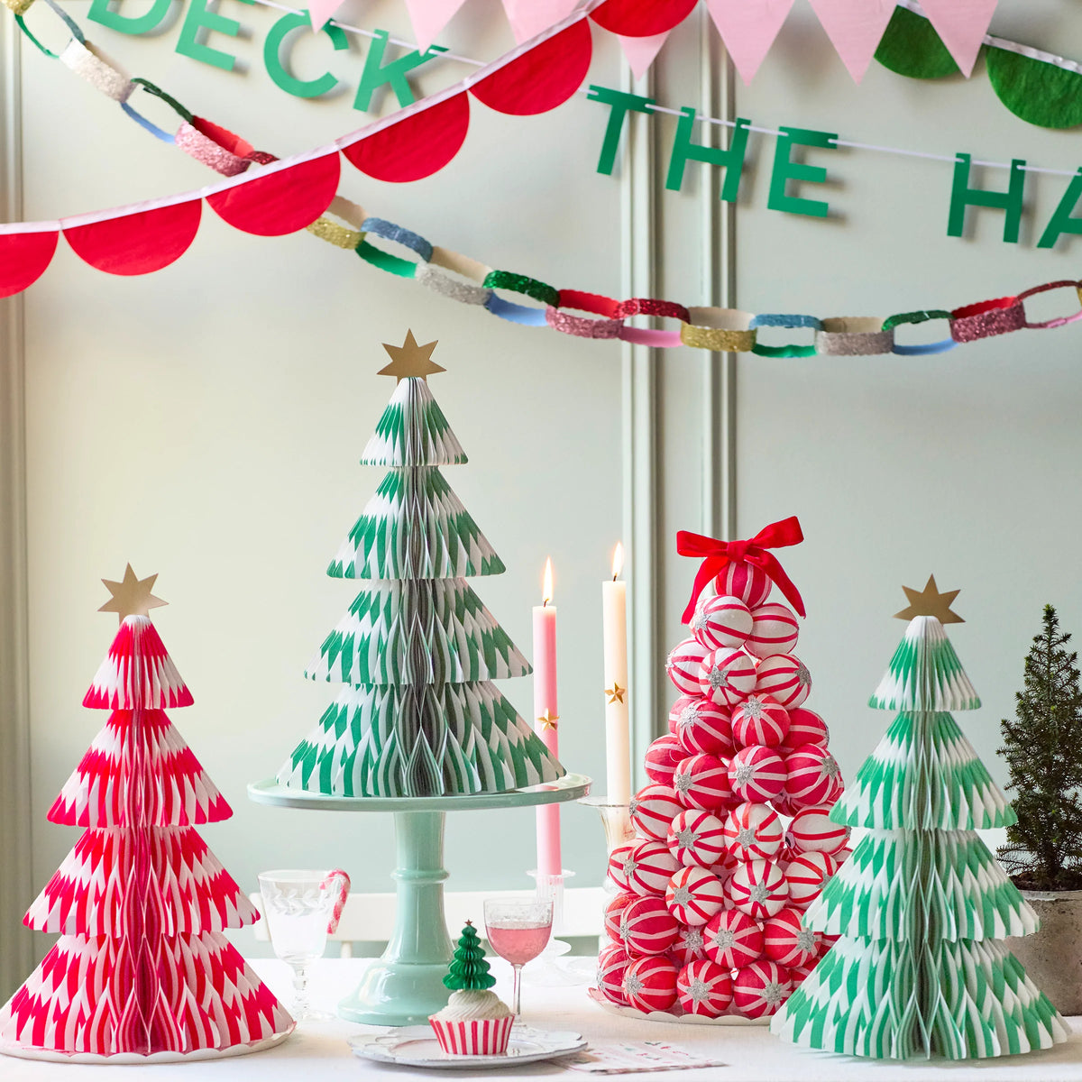 Meri Meri Paper Christmas Trees, Stripe Paper Honeycomb Trees, 3 pcs.
