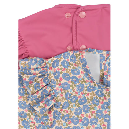 Konges Sløjd Dinner Bib with Sleeves and Ruffles, Ages 6 Months to 3 Years – Fleur rosier/Chateau roser