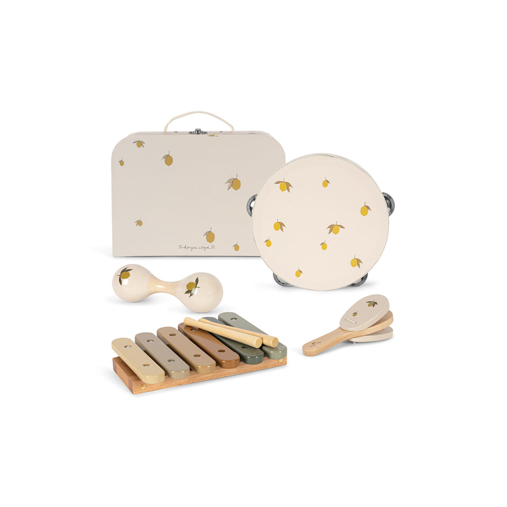 Konges Sløjd musikinstrumenter i kuffert, sæt m 4 dele - Glossy Lemon
