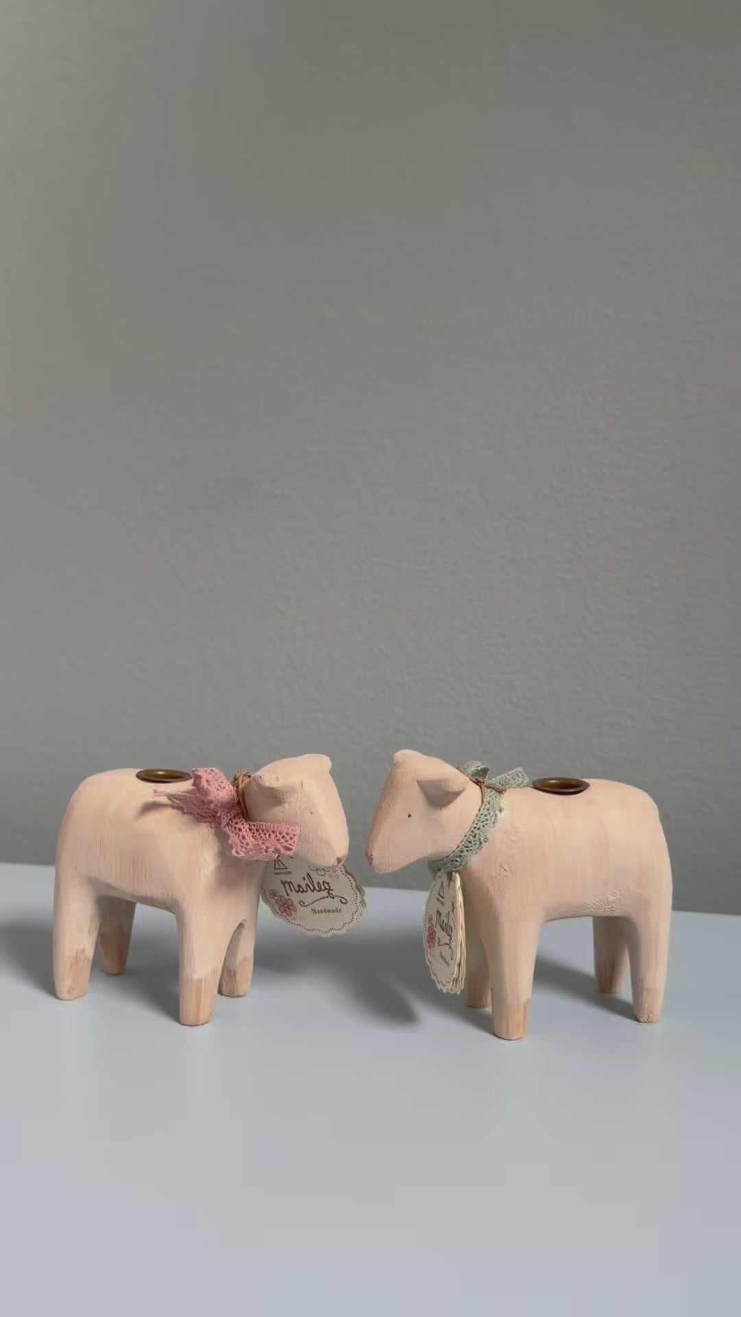 Maileg Wooden Candle Holder, Lamb - Pink