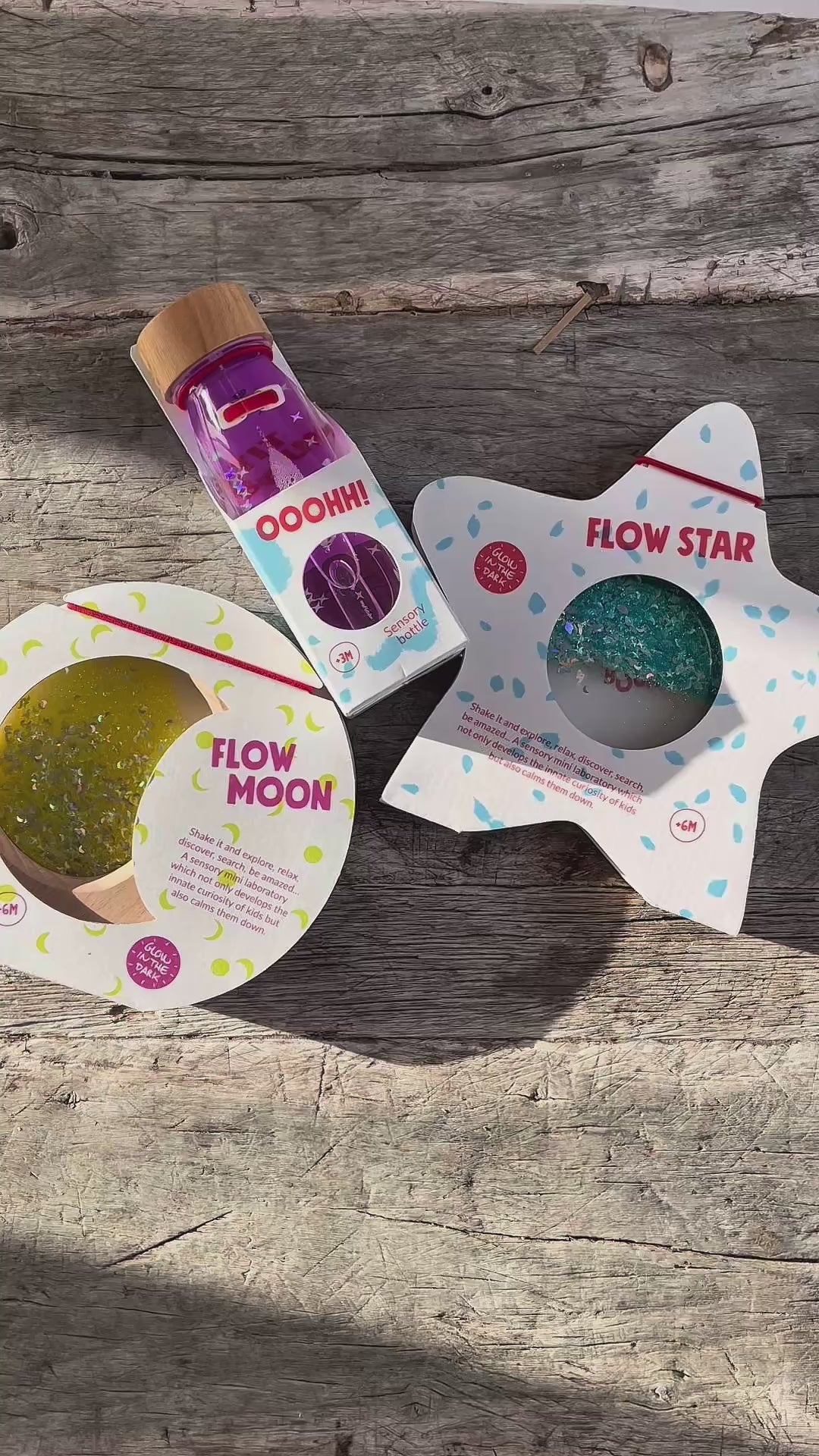 sanselegetøj, træstjerne m flydende væske og glimmer 