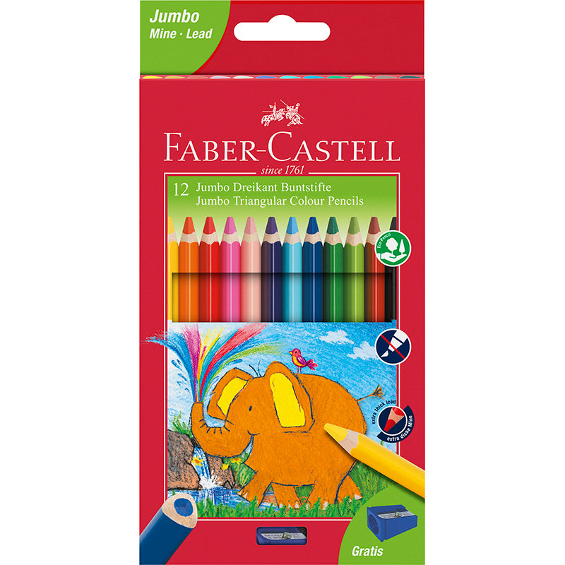 Faber-Castell, 12 stk trekantet Jumbo farveblyanter m. ekstra bred spids