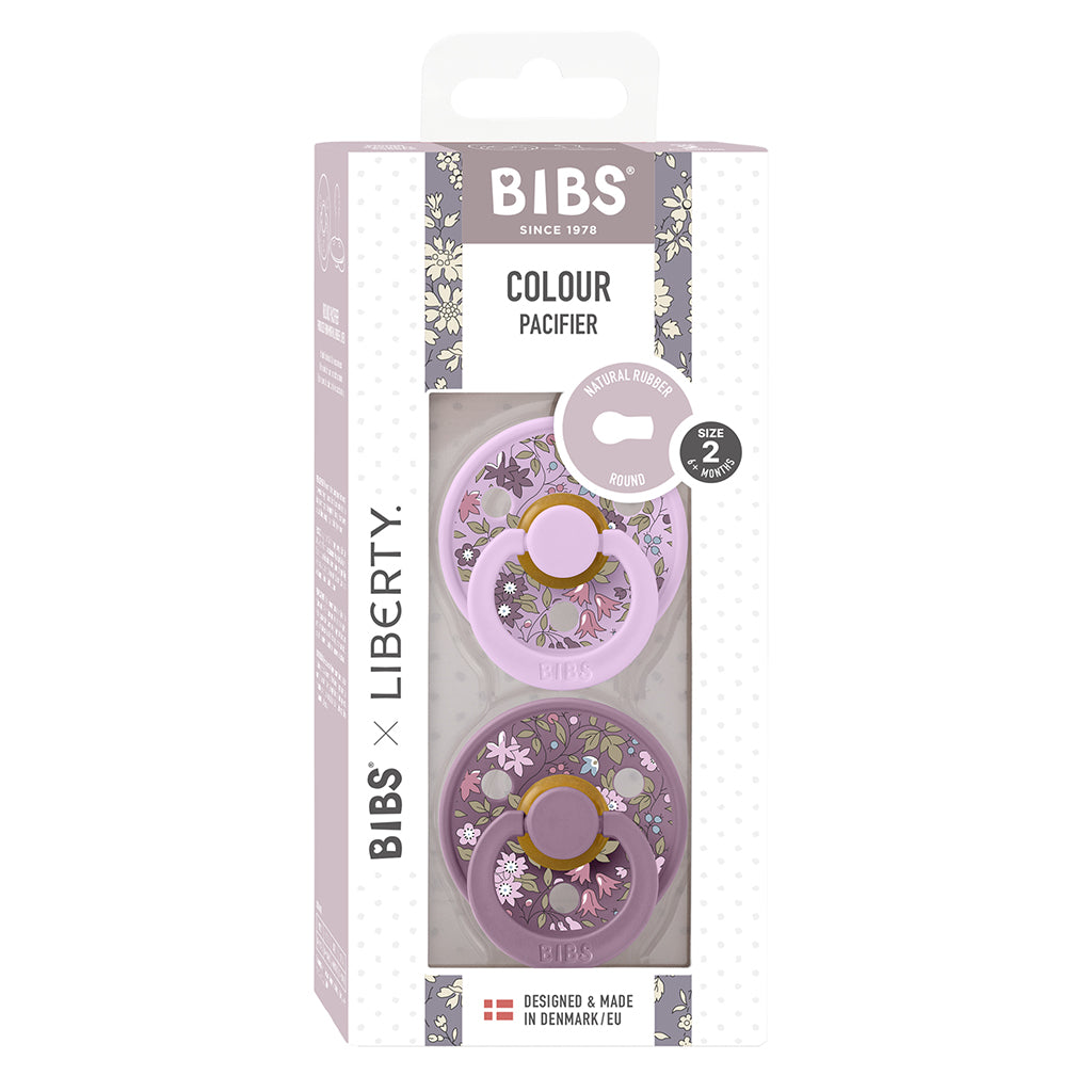 Bibs Liberty, 2-Pack Colour, Natural Rubber Pacifiers, Size 2 – Chamomile Lawn – Violet Sky Mix
