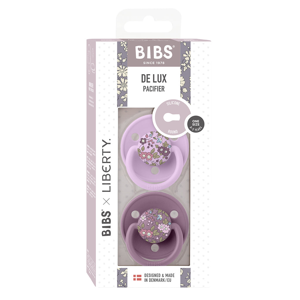 Bibs Liberty De Lux, 2-Pack, Silicone Pacifiers, One-Size - Chamomile Lawn - Mauve Mix