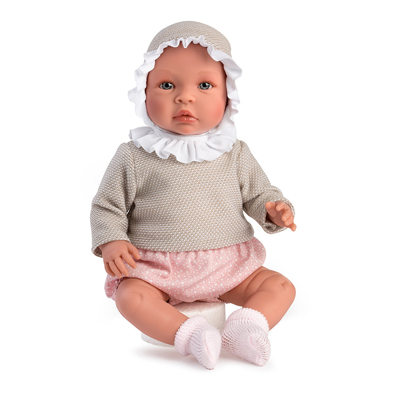 Así Leonora baby doll, 46 cm – Pink romper and beige blouse