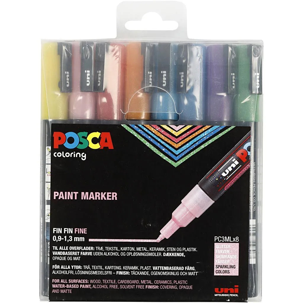 Posca Markers, Line Width 0.9-1.3 mm - Set of 8 Assorted Glitter Colors