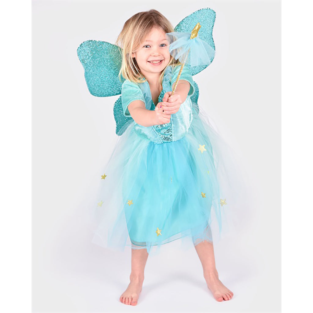 The Good Fairy, Fairy Costume in Turquoise with Wings and Wand - Size 2-8 Years