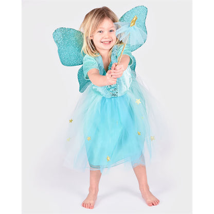 The Good Fairy, Fairy Costume in Turquoise with Wings and Wand - Size 2-8 Years