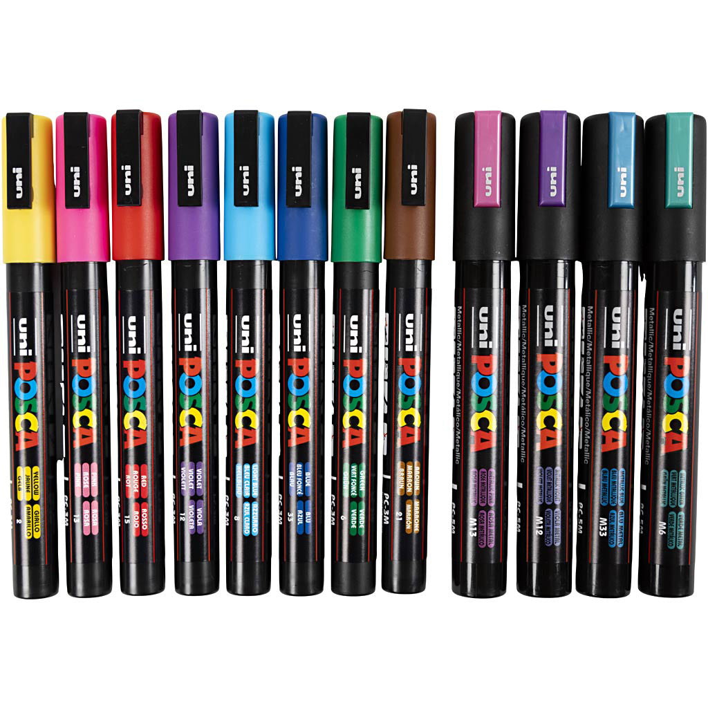 Posca Markers, 0.9–1.3 mm &amp; 2.5 mm tip sizes – 12-Pack, Assorted Colours