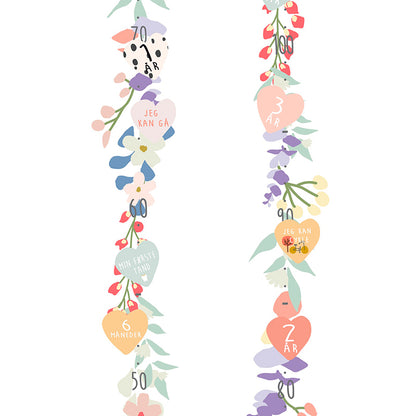 Mimi Lou Wall Sticker, Growth Chart with Milestone Markers - Spring Flowers with Danish Text