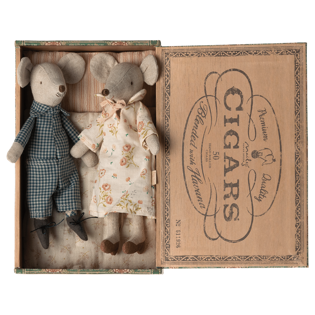 Maileg Grandma and Grandpa Mouse in Cigar Box