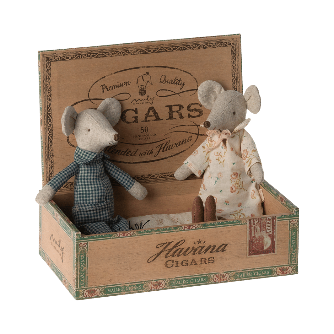 Maileg Grandma and Grandpa Mouse in Cigar Box