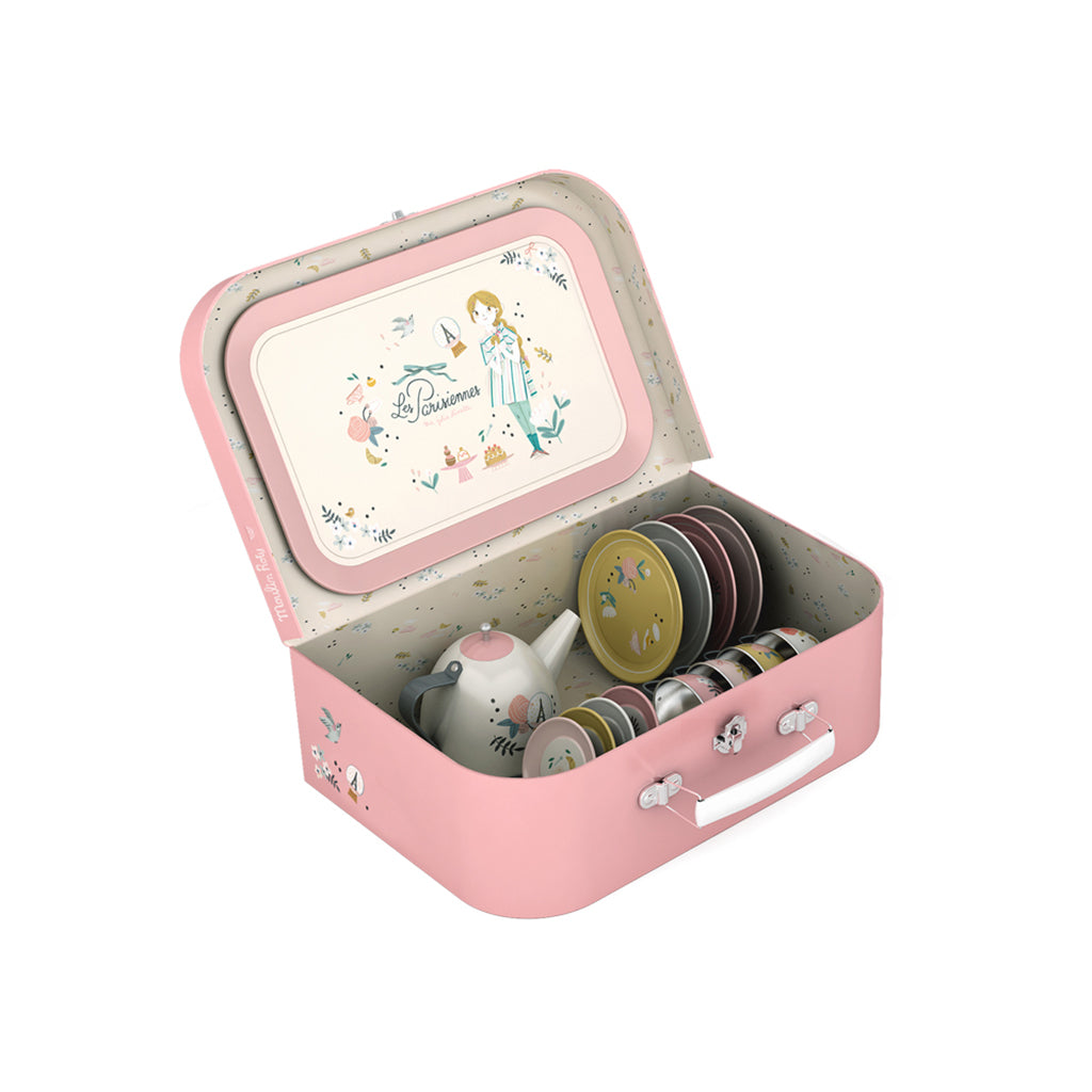Moulin Roty Suitcase with Tea Set, 14 Pieces - Les Parisiennes