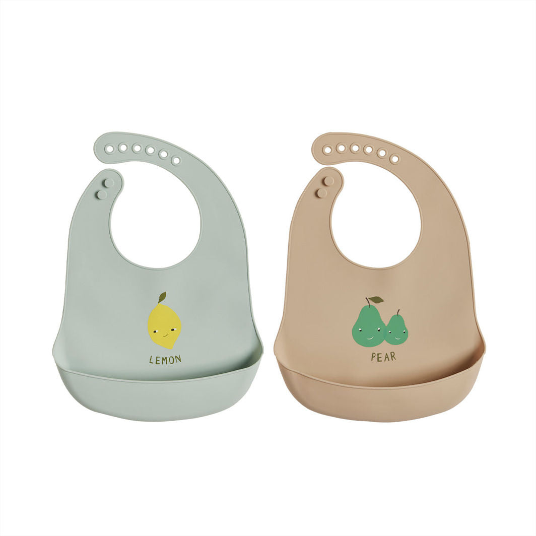 OYOY Yummy Silicone Bibs with Pocket, Set of 2 – Minty/Camel