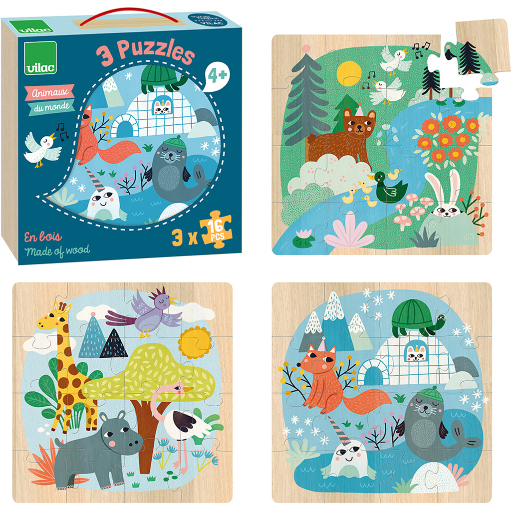Vilac Wooden Puzzle Set, Animals by Michelle Carlslund – 3 Pieces