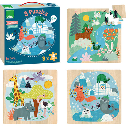 Vilac Wooden Puzzle Set, Animals by Michelle Carlslund – 3 Pieces
