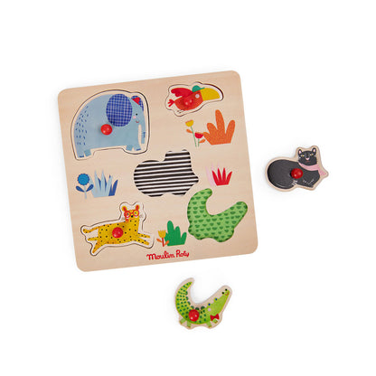 Moulin Roty Knob Puzzle with 5 Pieces, Jungle Animals - Les Toupitis