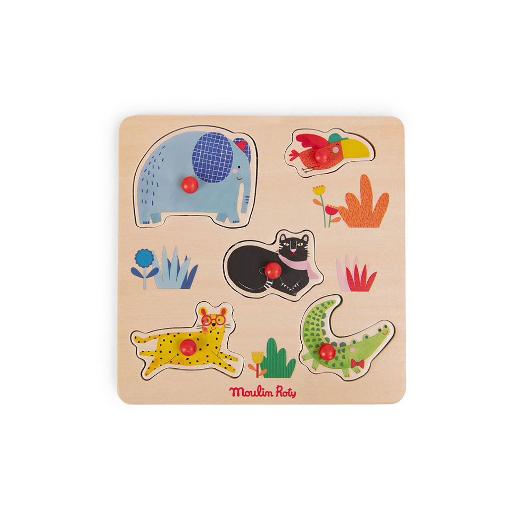 Moulin Roty Knob Puzzle with 5 Pieces, Jungle Animals - Les Toupitis